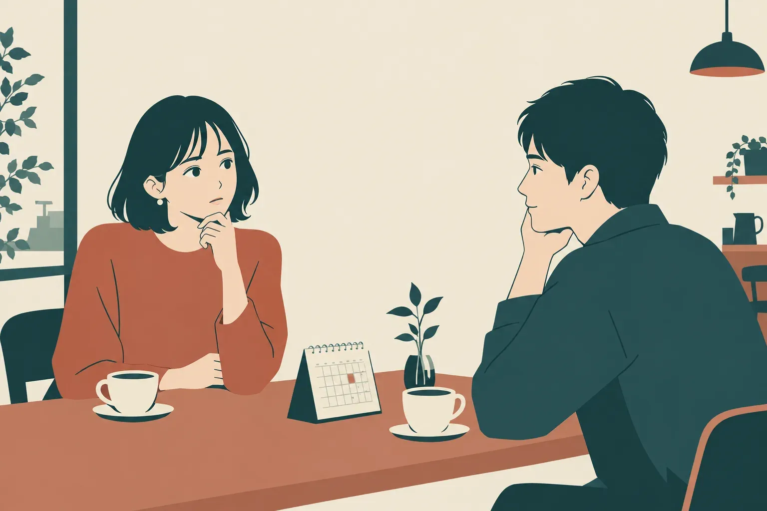 カフェのテーブルでカレンダーを挟み、次に会う日を穏やかに話し合う二人