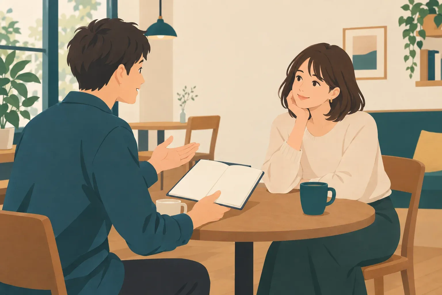 カフェでノートを開き、家計の考え方を穏やかに話し合う二人。