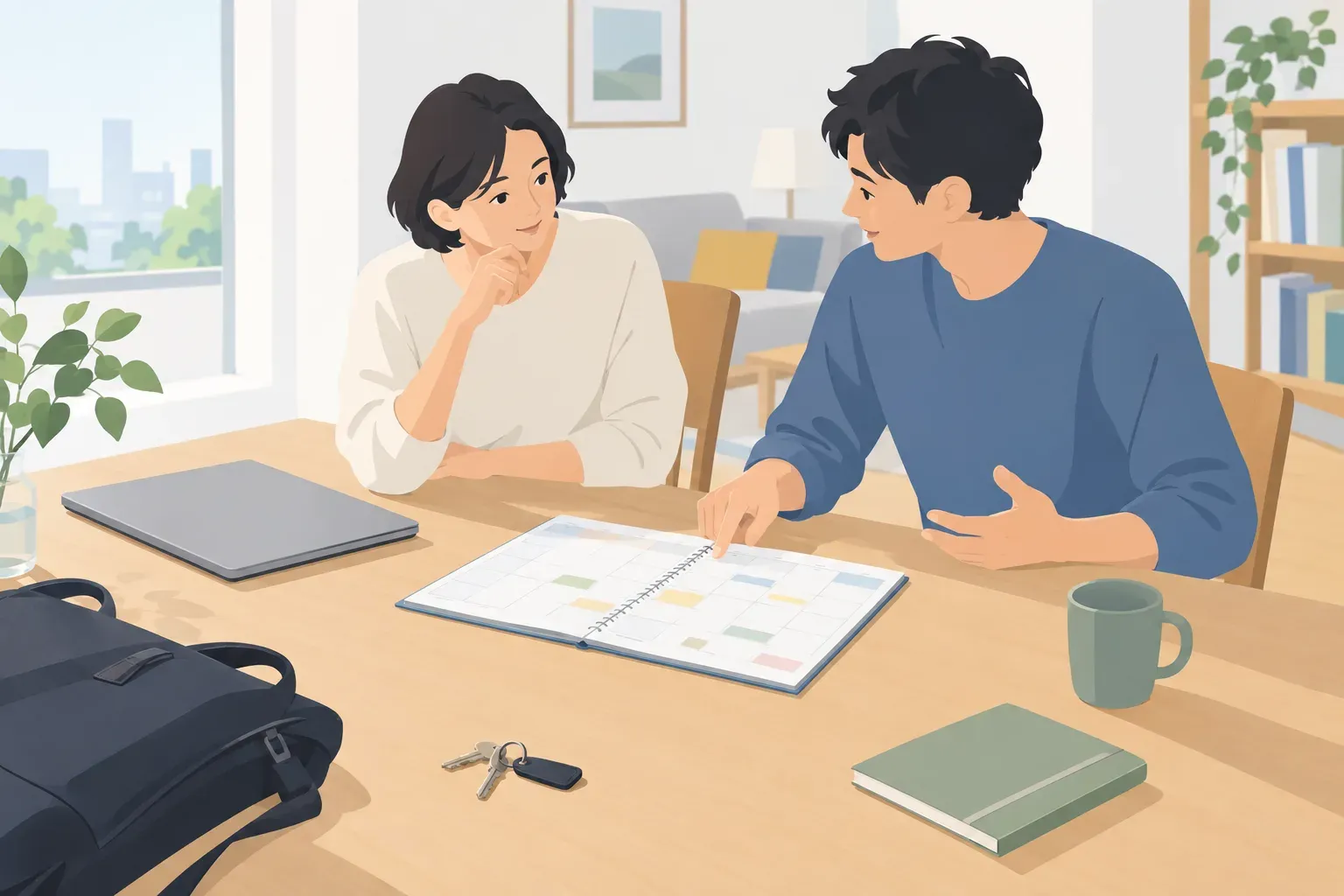 二人が週間カレンダーを見ながら、仕事と結婚後の暮らしについて話し合う場面。