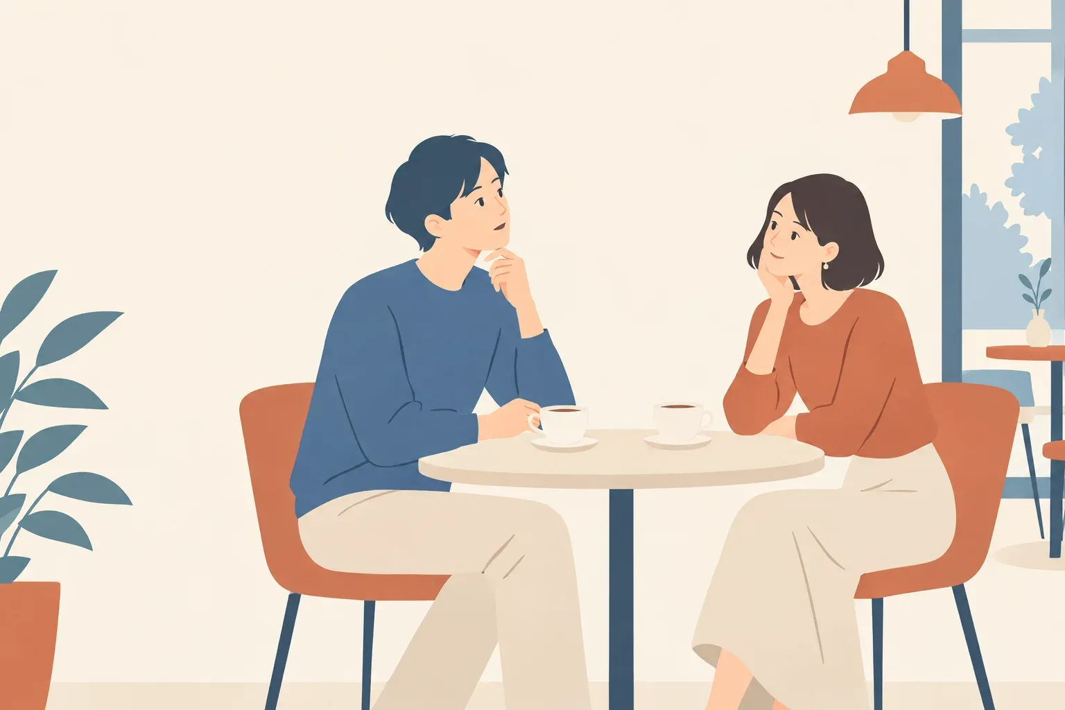 カフェのテーブルでお茶を前に、暮らしについて穏やかに話す二人のイラスト
