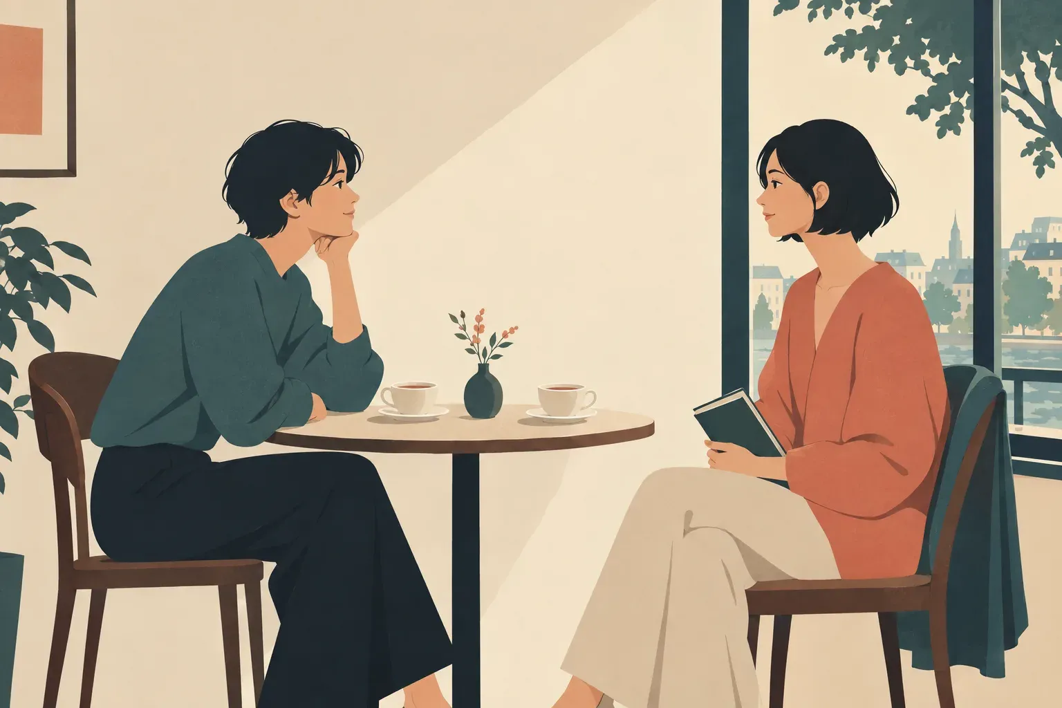 静かなカフェで、本を手にした人と向かいの人が休日の過ごし方を話しているフラットなイラスト