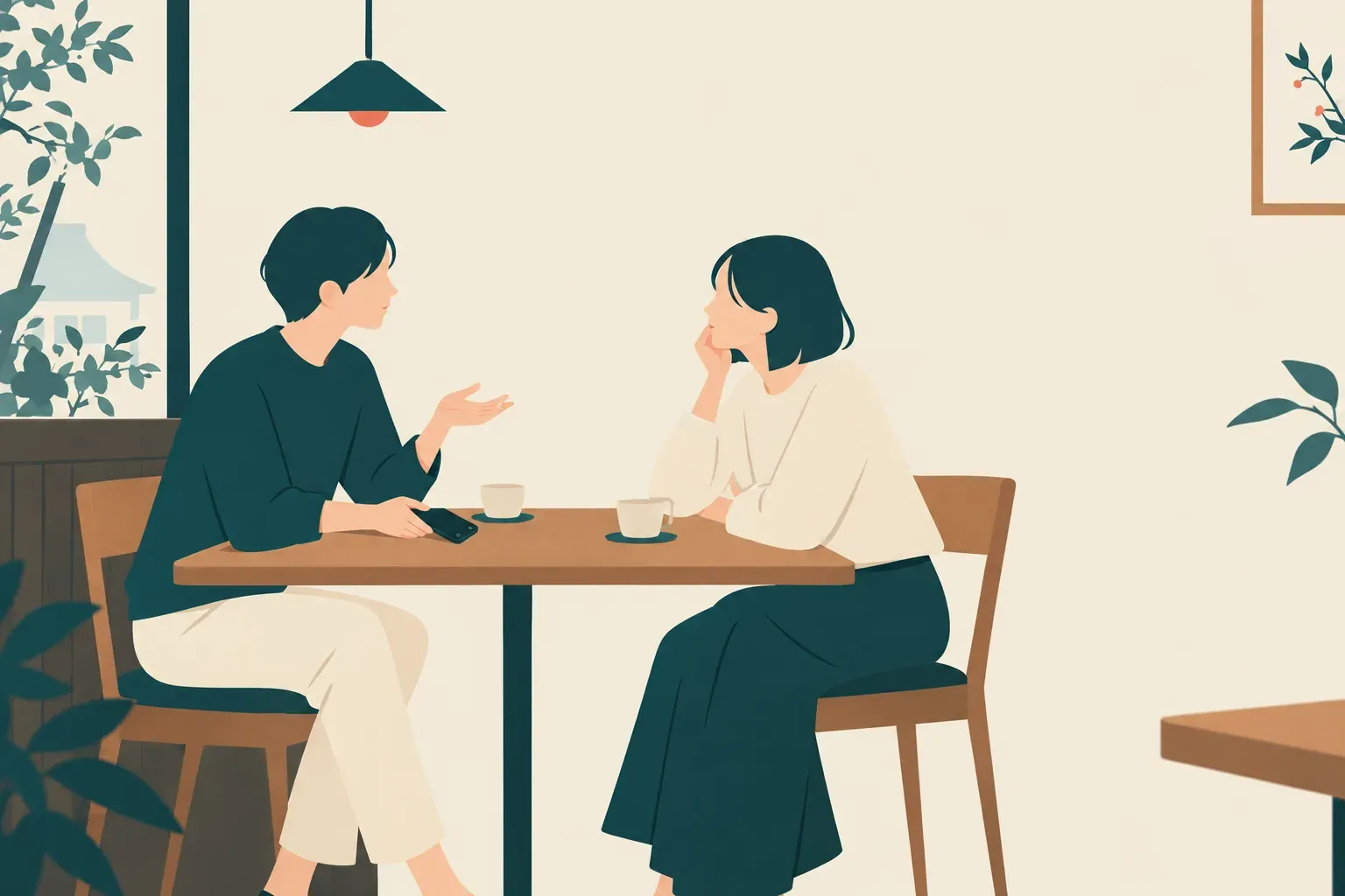 カフェでスマートフォンを置き、次の行き先について向き合って話す二人のイラスト