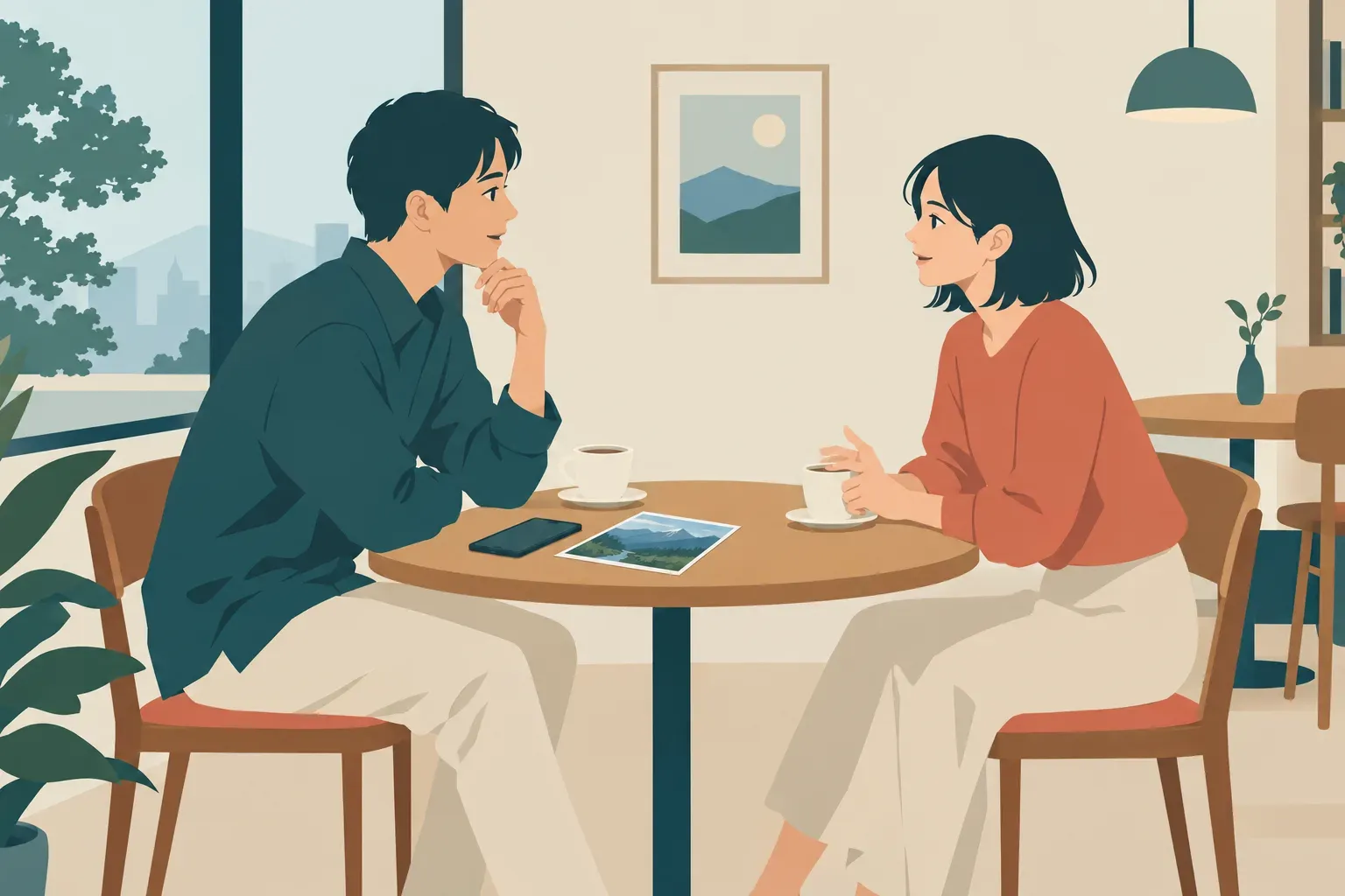 カフェで向き合う二人が、山歩きの写真をきっかけに休日の過ごし方を話すイラスト
