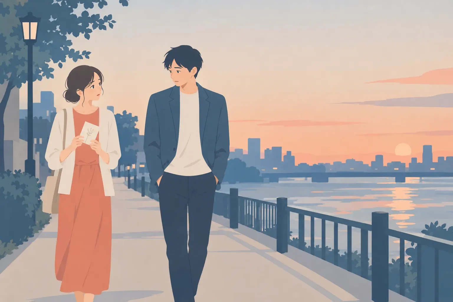 夕方の帰り道、結婚式について穏やかに話す二人のフラットデザインイラスト