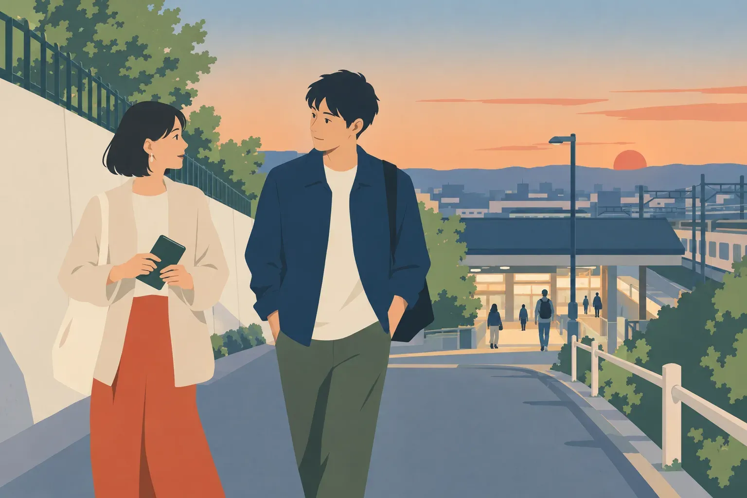 帰り道で手帳を閉じ、週末の予定について静かに話す二人のフラットデザインイラスト