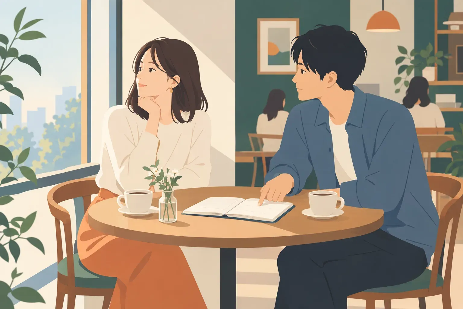 カフェのテーブルで、週末の予定を互いに確かめる二人のフラットイラスト