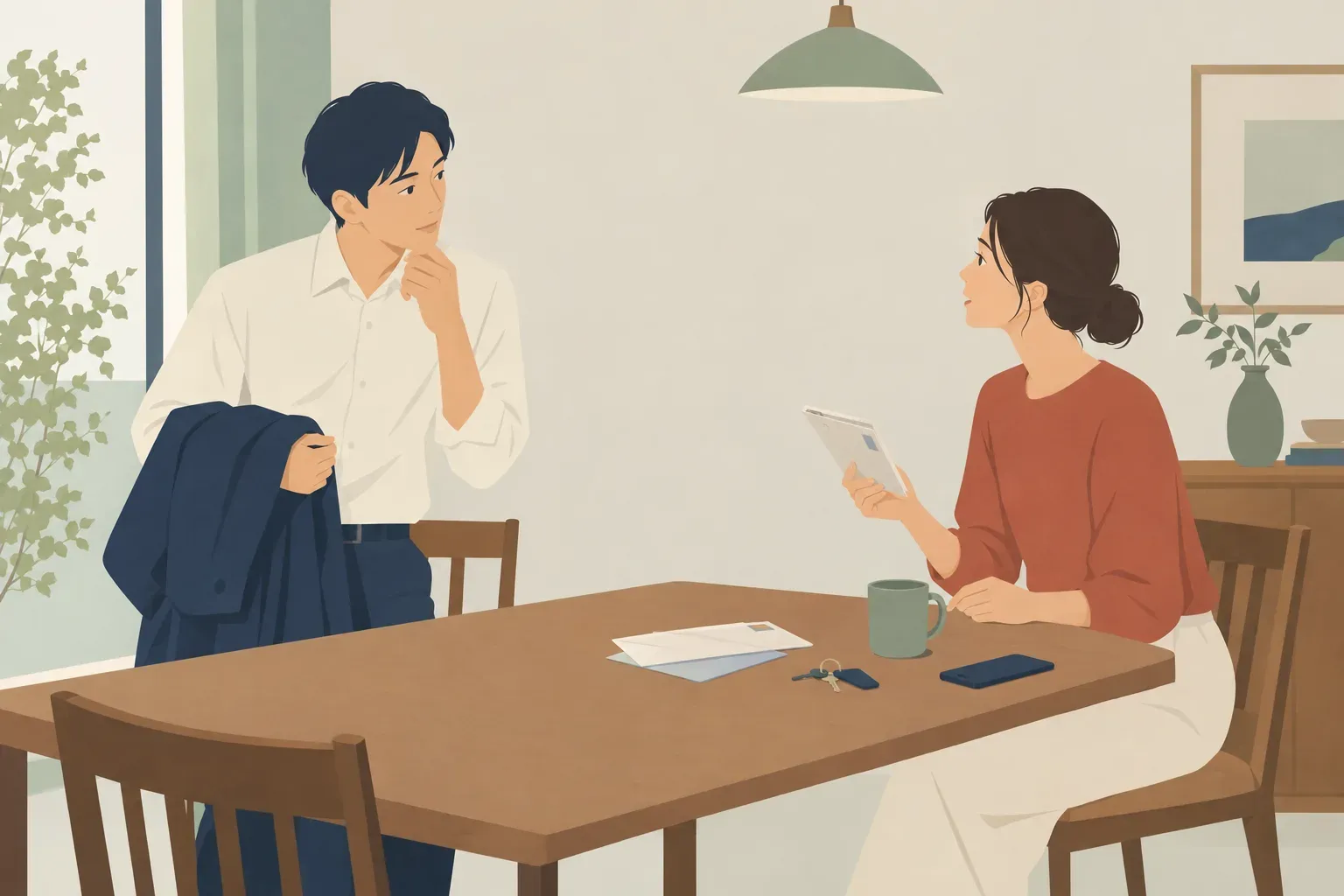 食後のテーブルに残った郵便物を見ながら、片付け方について静かに話す二人のイラスト