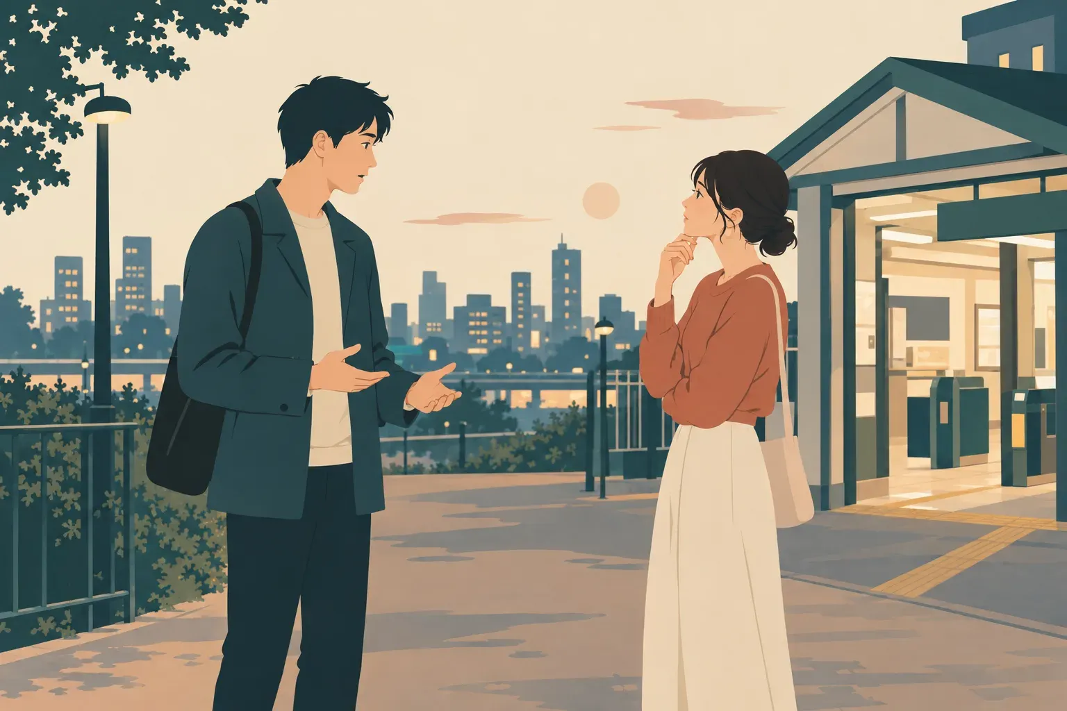 夕方の駅前で立ち止まり、転勤の可能性について話す二人