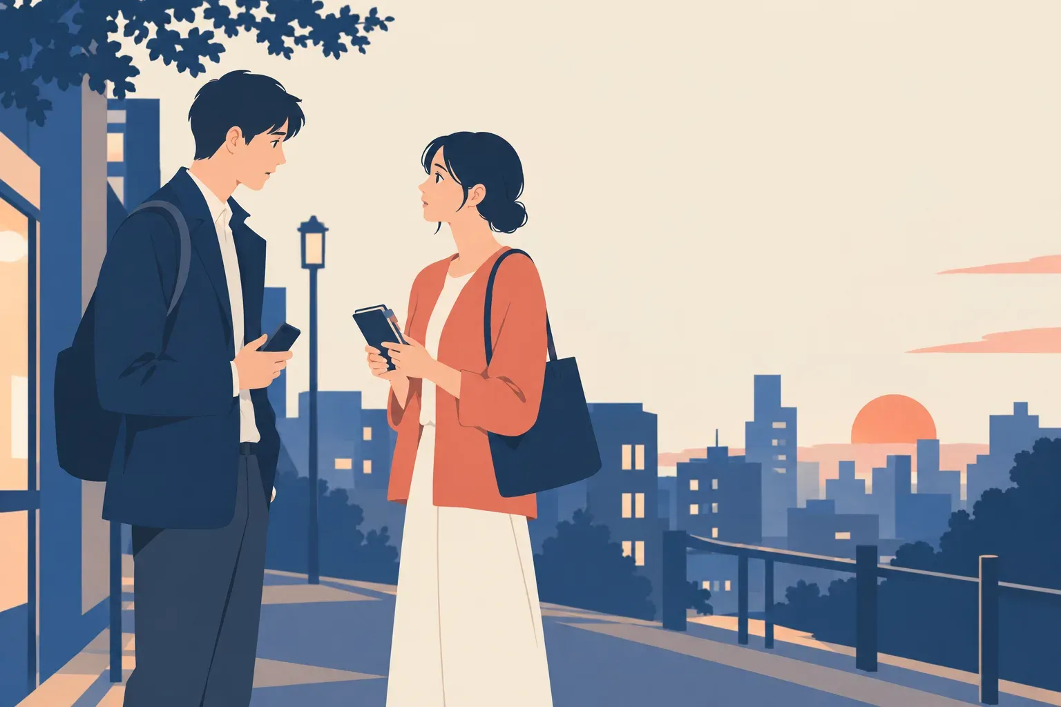 夕方の帰り道で、手帳とスマートフォンを手に次の予定を相談する二人のイラスト