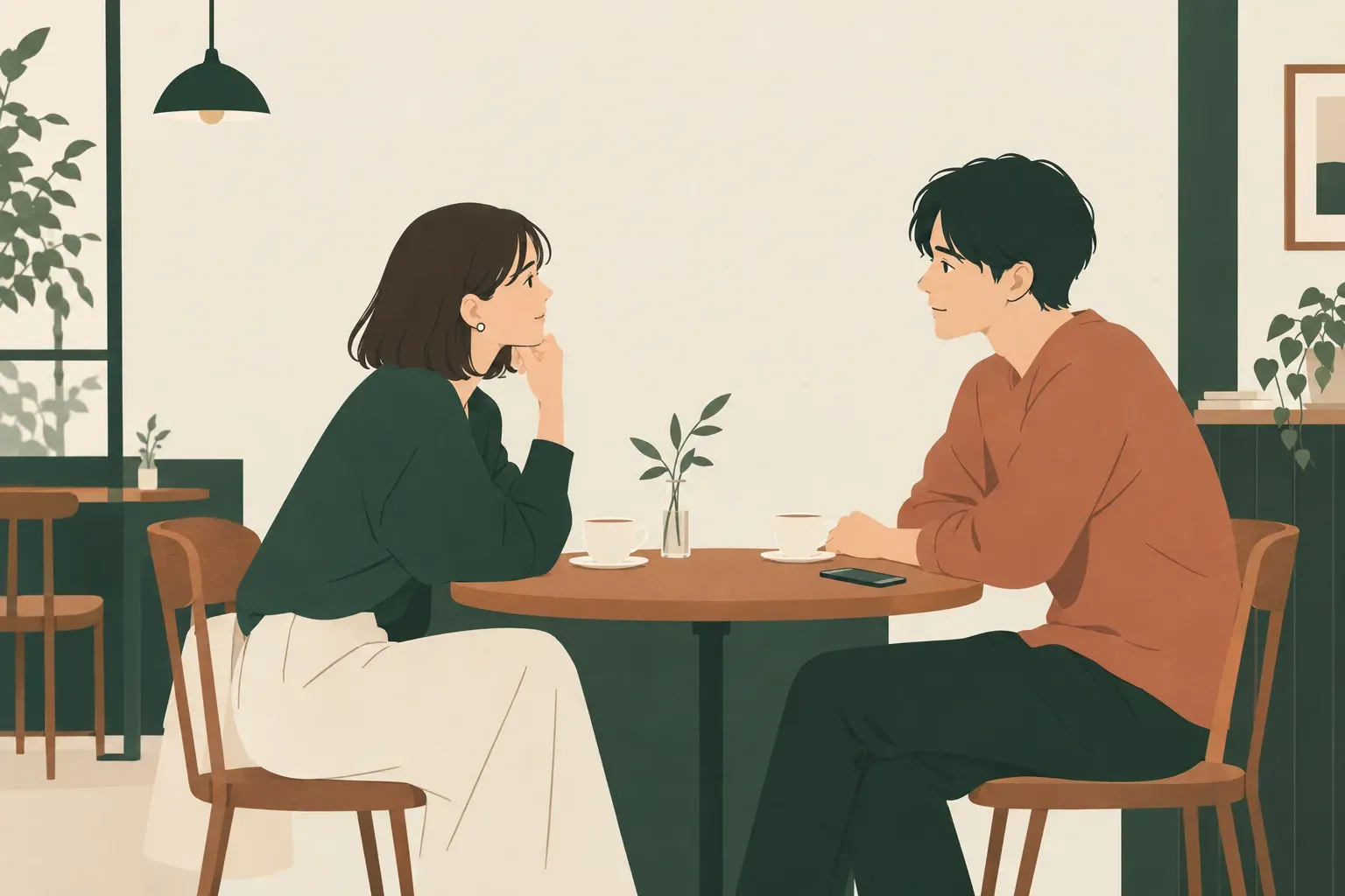 喫茶店のテーブルで、伏せたスマートフォンを脇に置き、向かい合って話す二人のイラスト