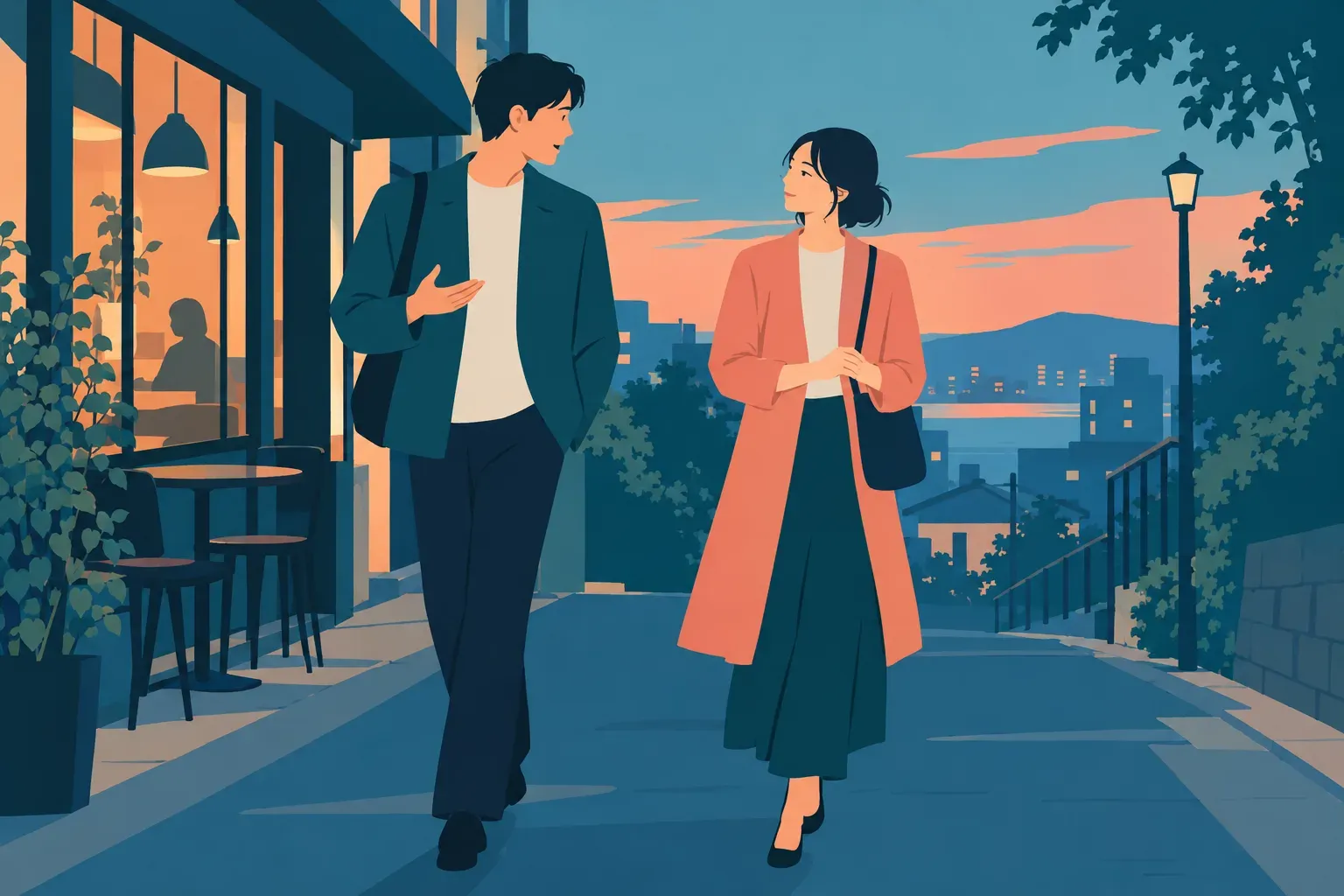 夕方の道を並んで歩く二人が、少し間を置いて静かに話す場面のフラットデザインイラスト