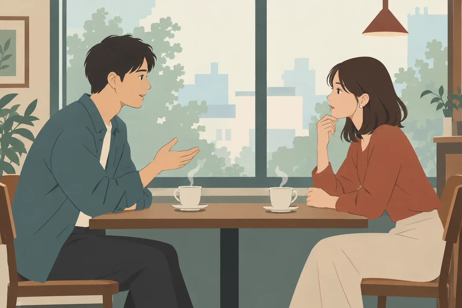 喫茶店の窓際で向かい合い、片方が考えながら自分の希望を話す二人のイラスト