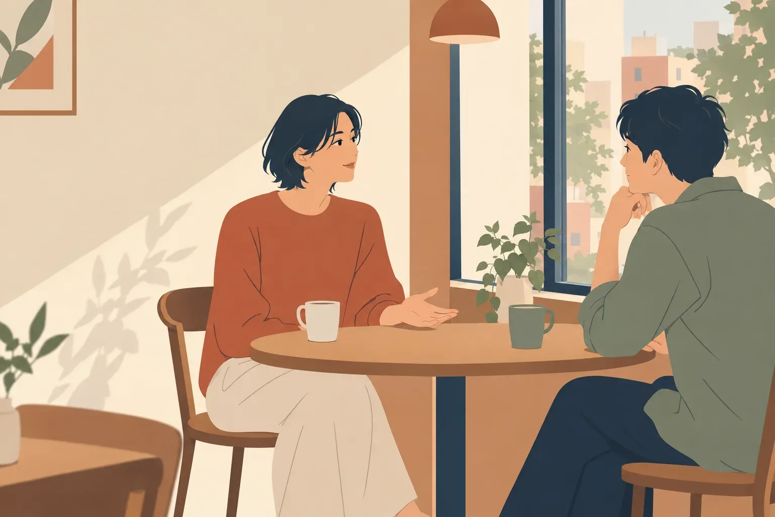 静かなカフェで向かい合い、休日の過ごし方について話す二人