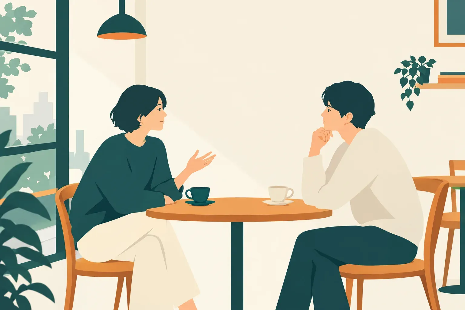 カフェで向かい合う二人が、休日の話の途中で少し考える間を置いているイラスト。