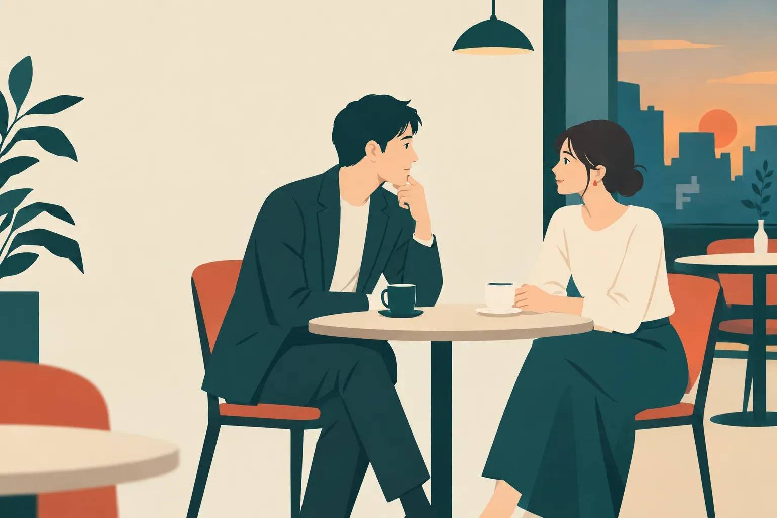 仕事帰りのカフェで、飲み物を前に二人が向き合い、一人が話し終えて考え、もう一人がカップを置いて聞くイラスト