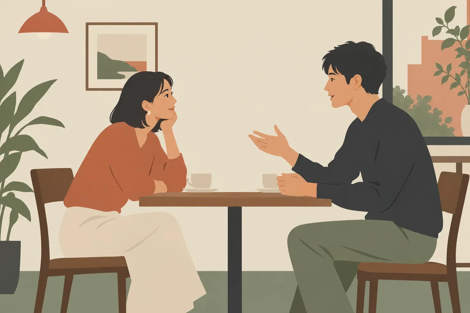 カフェのテーブルを挟み、二人が向き合って会話しているイラスト