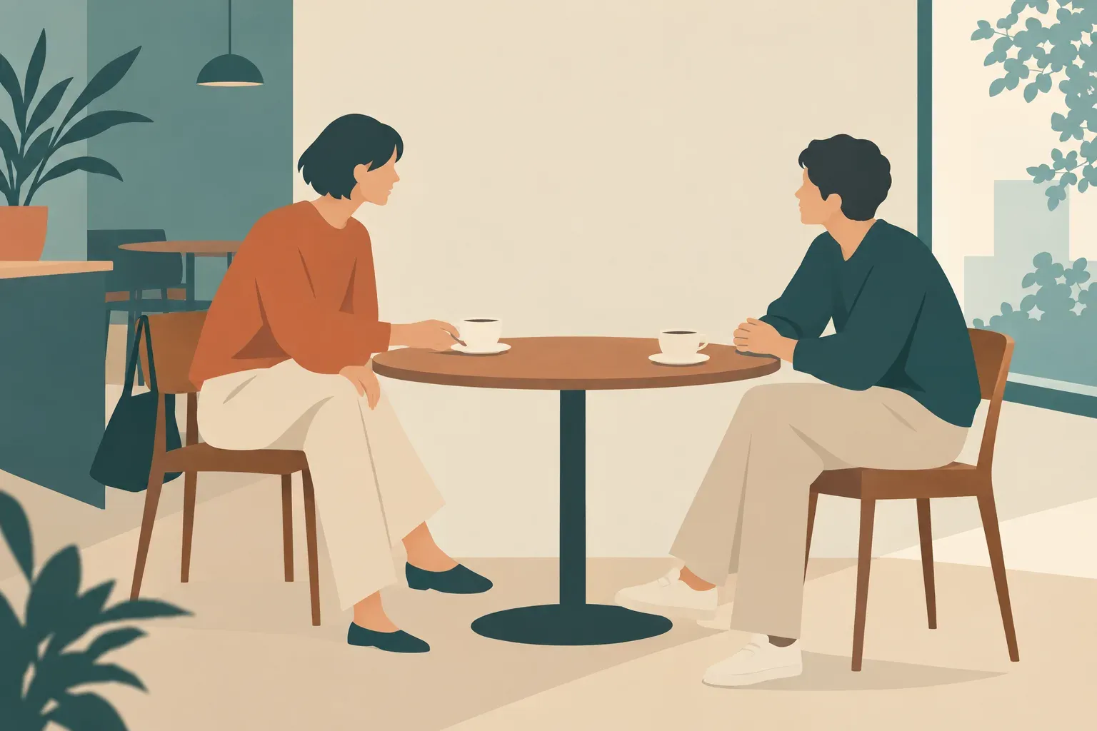カフェで向かい合う二人。一人がカップを置いて話し、もう一人が耳を傾けている。