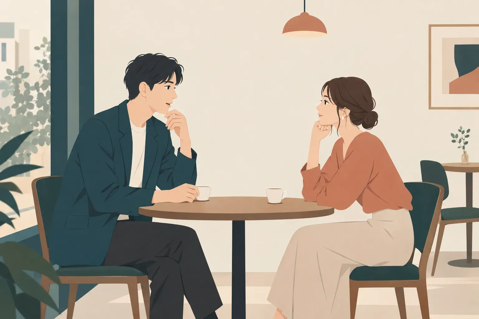 カフェのテーブルで、二人が家で過ごす時間について穏やかに話すフラットデザインのイラスト