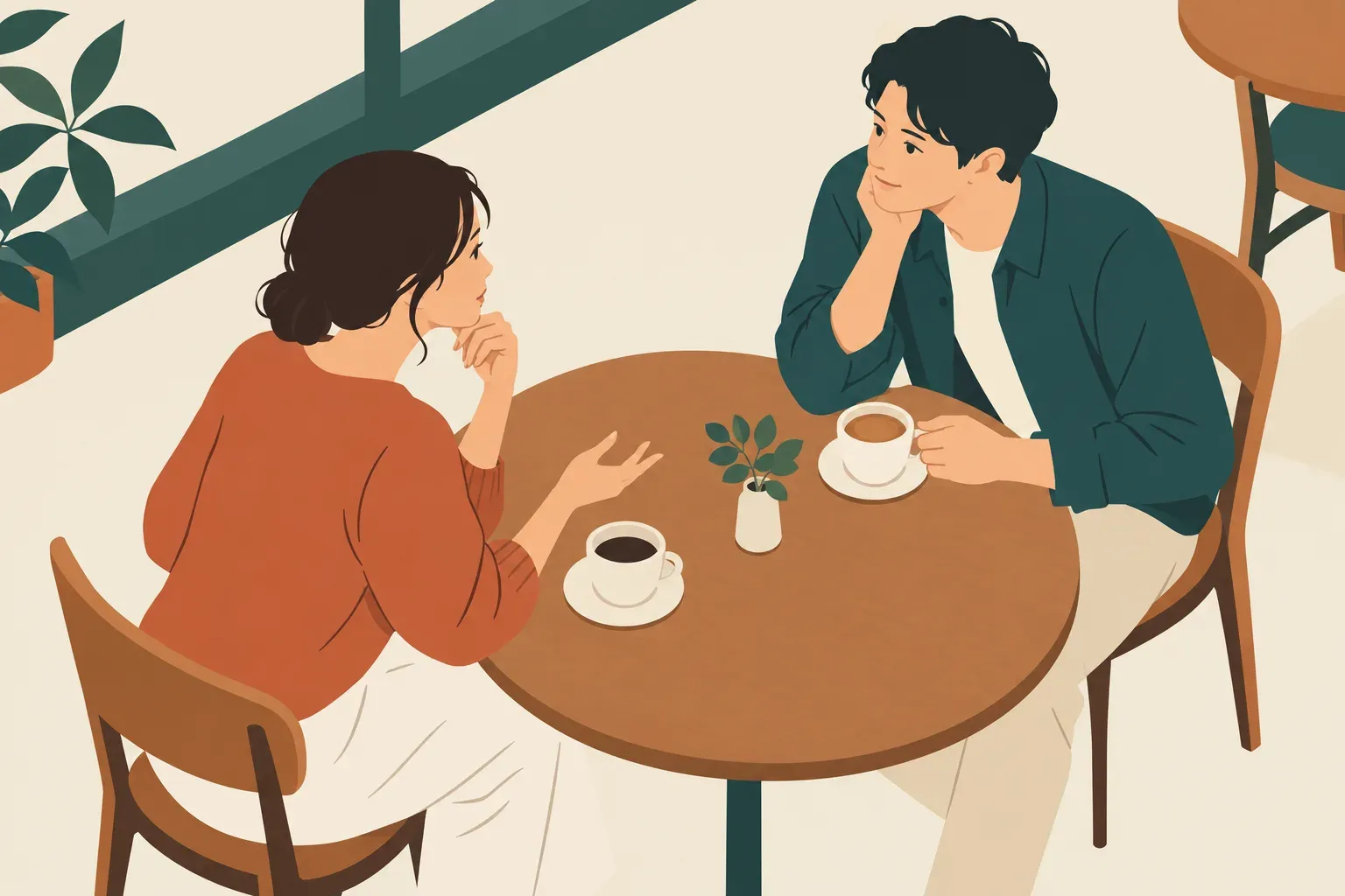 カフェのテーブルを挟み、飲み物を前に家事の話をする二人のフラットイラスト