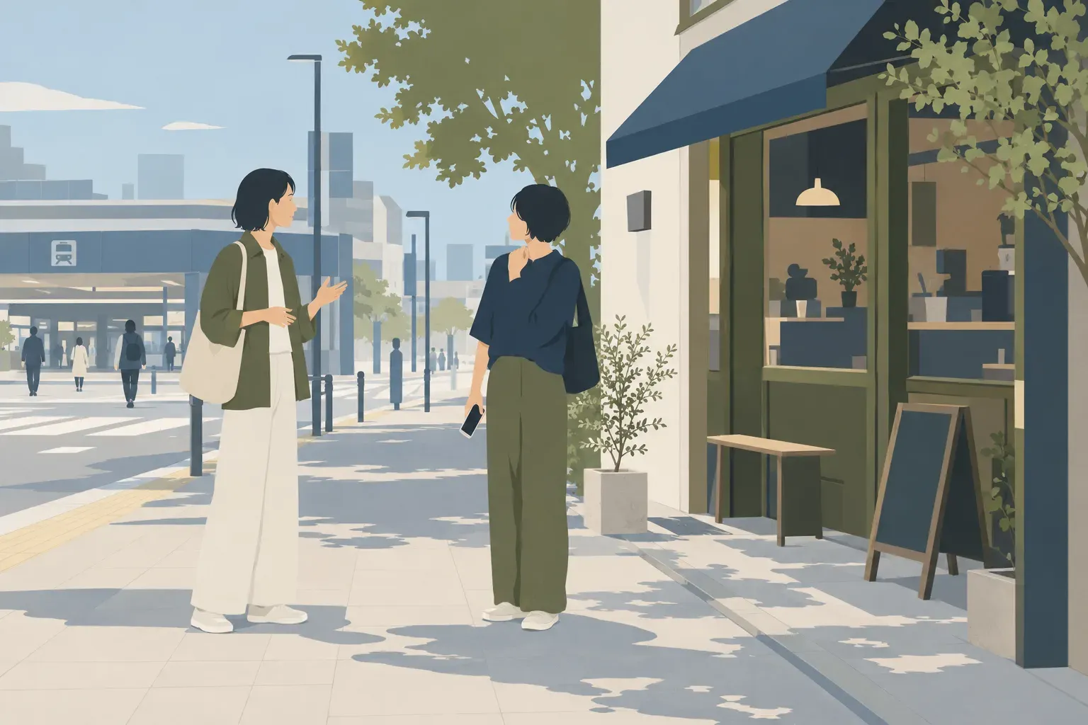 駅前のカフェへ向かう道で立ち止まり、一人が話し、もう一人が耳を傾ける二人のイラスト