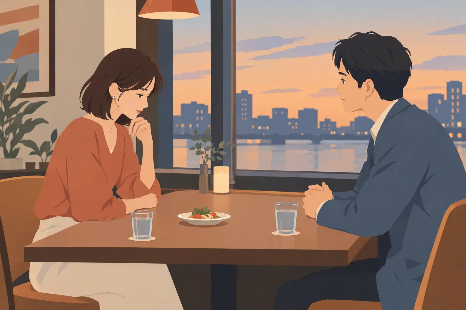 夕方の飲食店の窓際で向かい合い、言葉を選びながら話す二人のフラットデザインのイラスト
