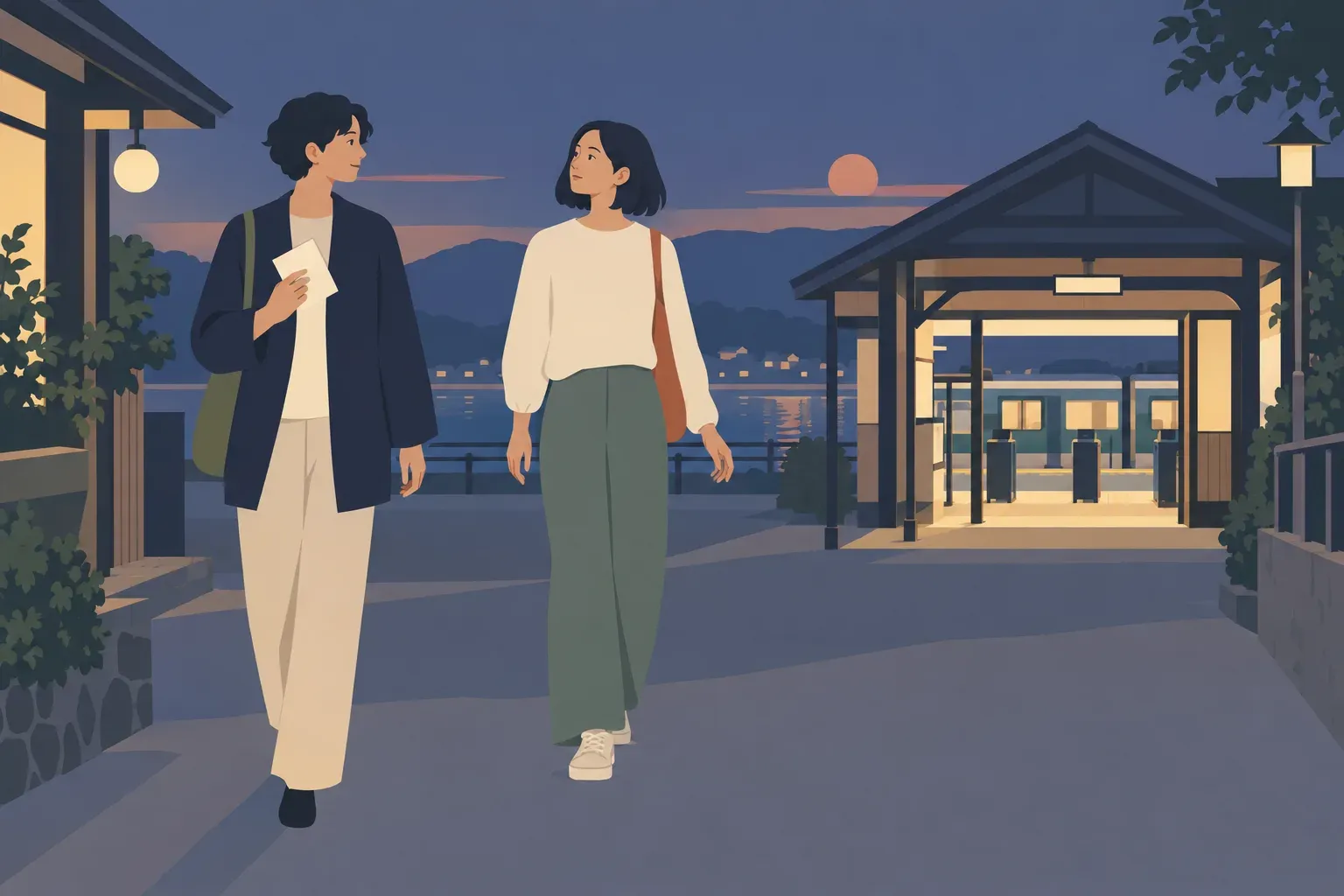 夕暮れの駅へ向かう道で、親との食事への誘いについて話す二人のフラットデザインのイラスト
