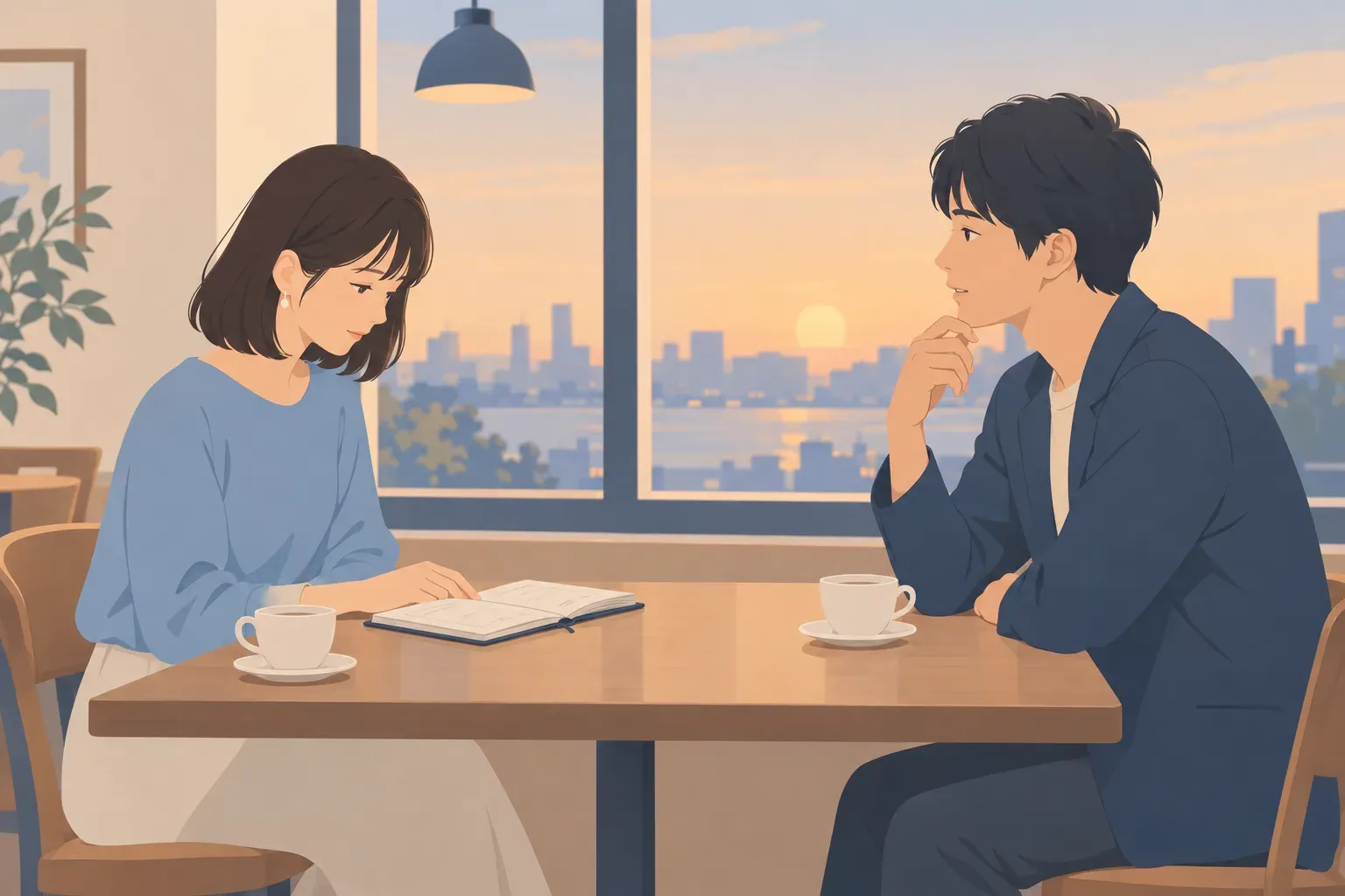 夕方のカフェで、開いた手帳を挟み、住まいの希望について静かに話す二人