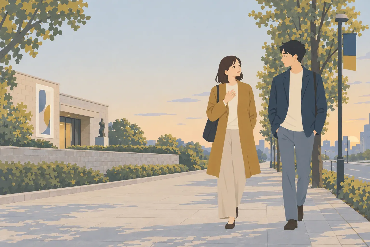美術館から駅へ歩く二人。一人が言葉を選び、もう一人が歩調を合わせて耳を傾けている。