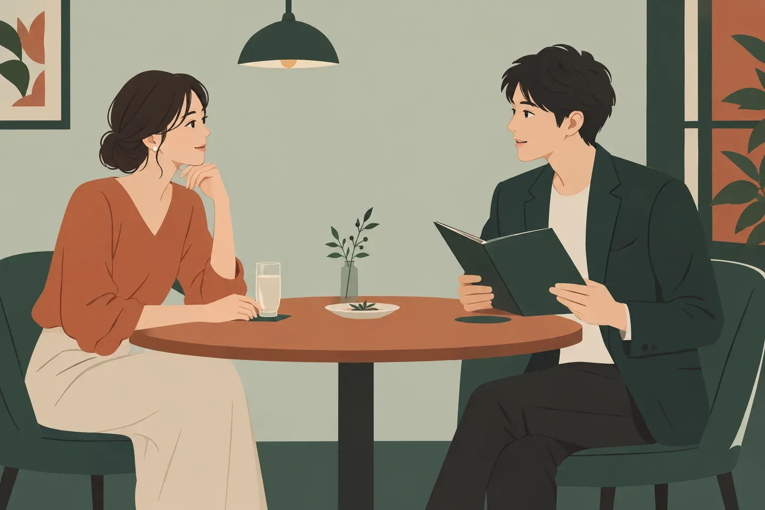 レストランで向かい合う二人。一人が飲み物を手元に置いて話し、もう一人がメニューから顔を上げて耳を傾けている。