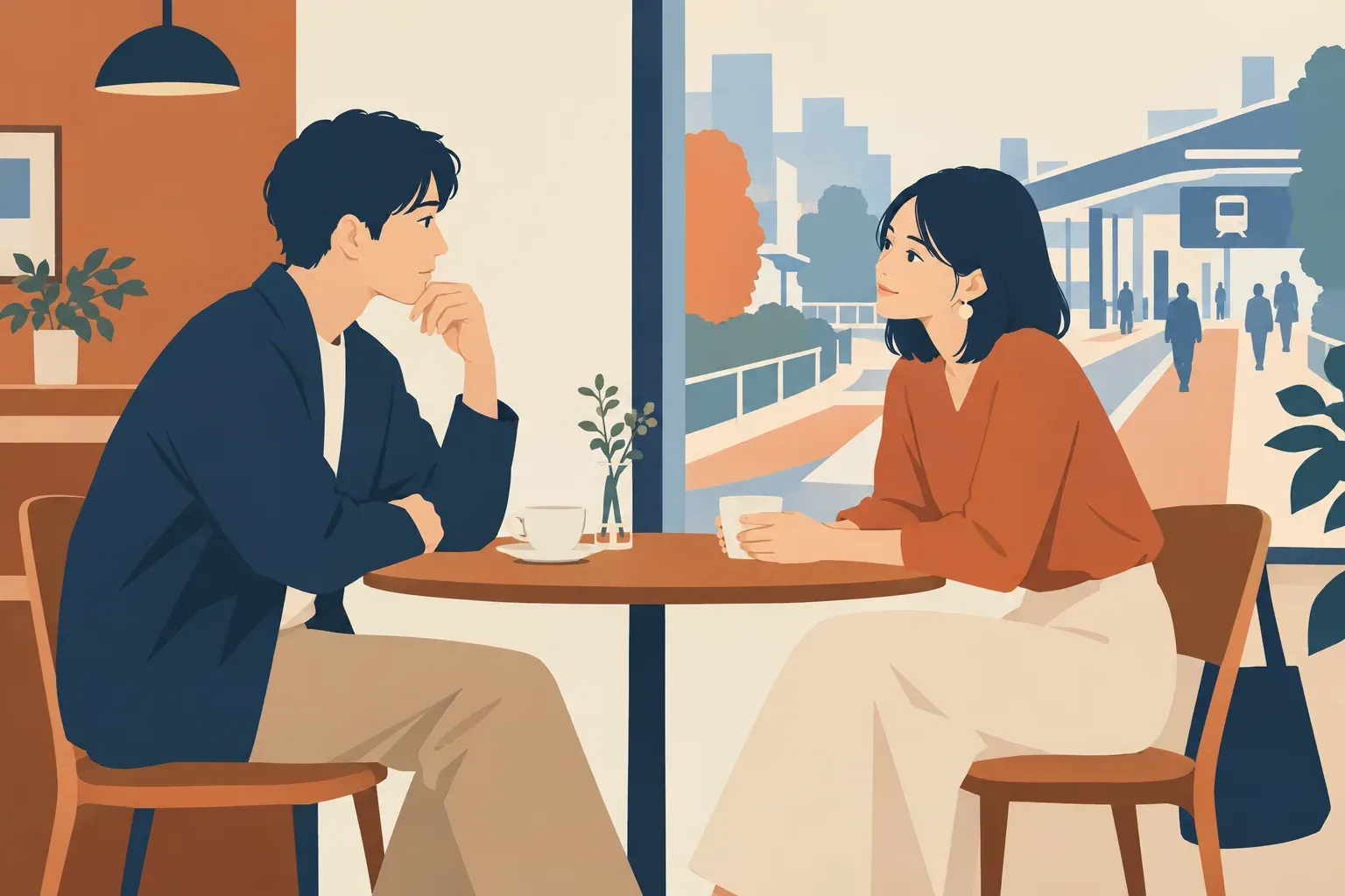 カフェで向かい合う二人が、帰り道と待ち合わせ場所について静かに話しているイラスト
