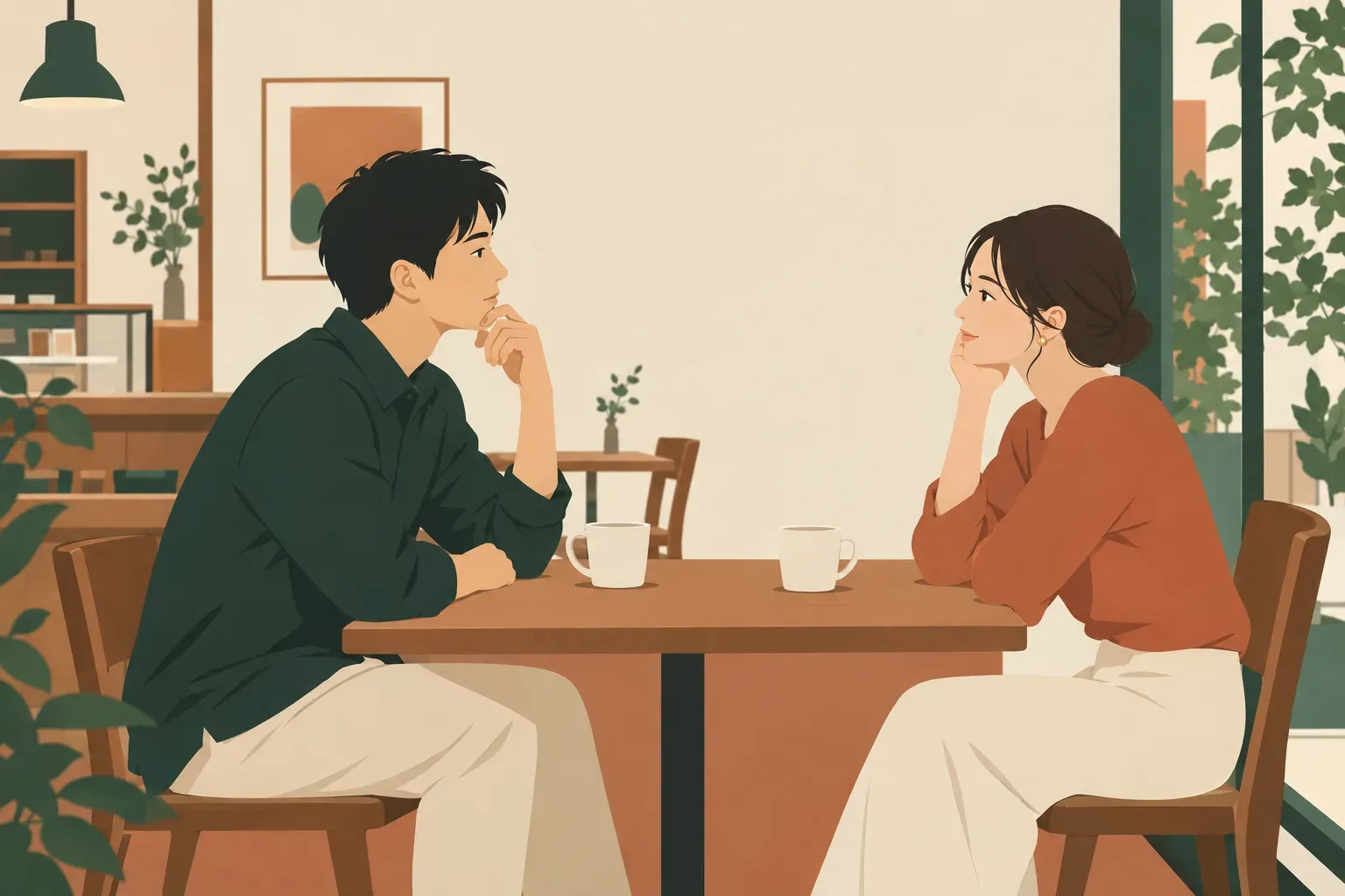 カフェのテーブルで、希望時期について考えながら話す二人