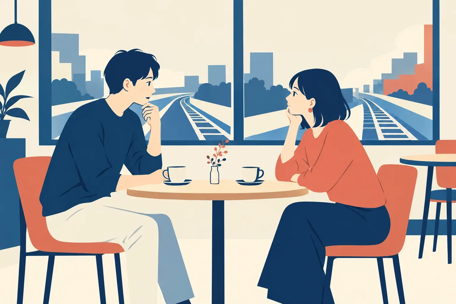 駅近くのカフェで二人が向かい合い、次に会う場所を落ち着いて相談するイラスト