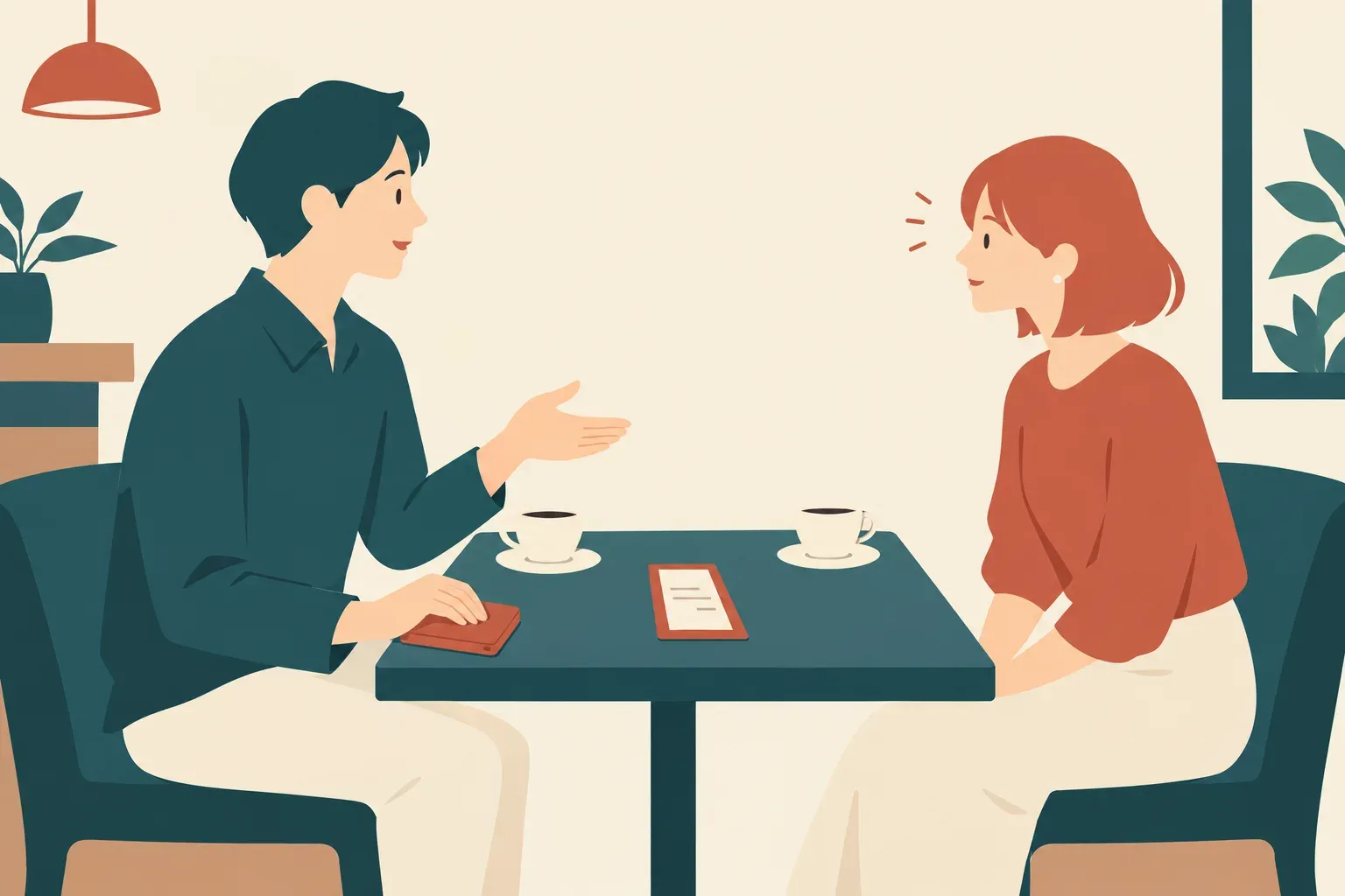 喫茶店のテーブルを挟み、伝票を前に会計の希望を話す二人のイラスト