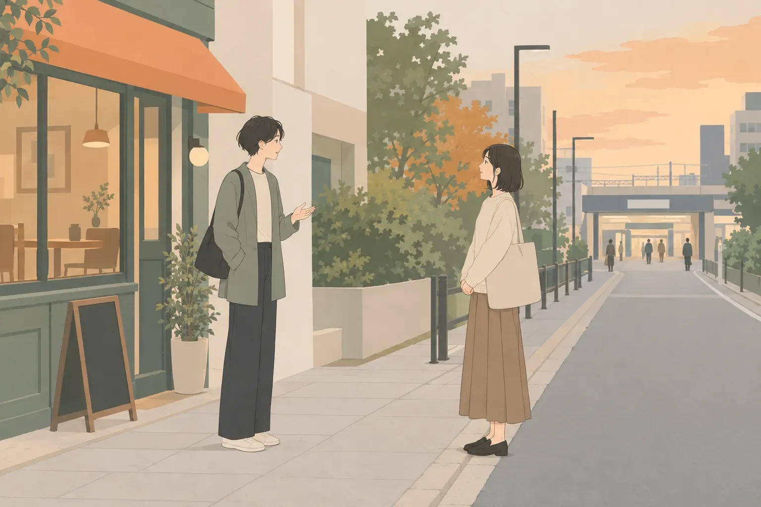 喫茶店を出た夕方の歩道で、少し距離を置いて向き合い、帰る時間を話す二人のイラスト