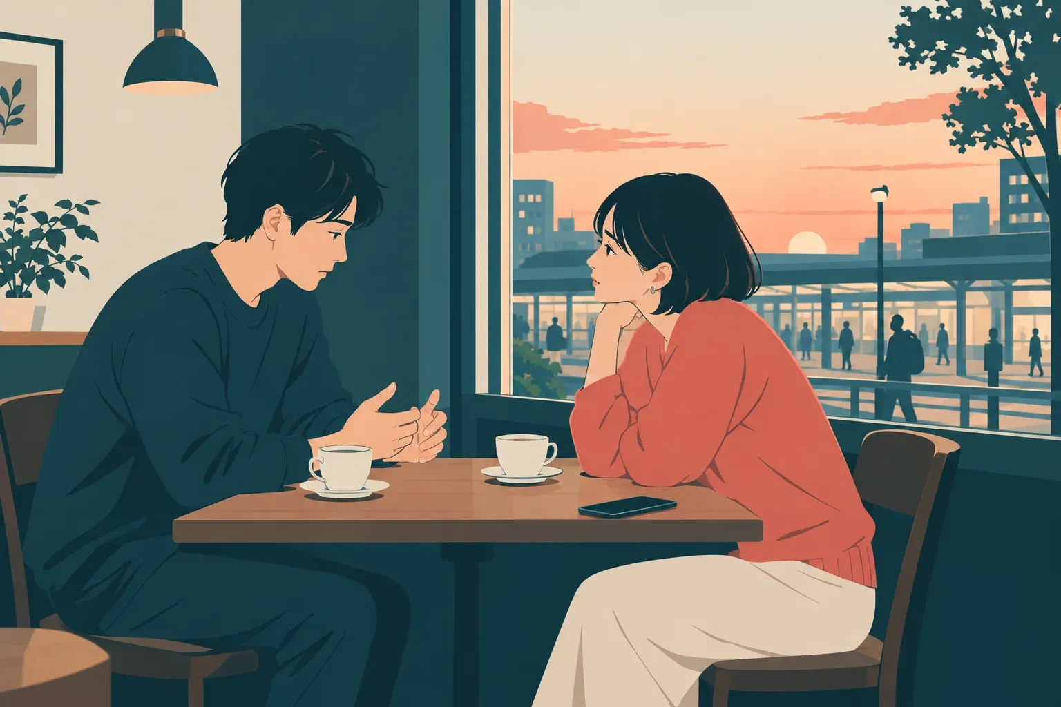 喫茶店で向かい合い、返信について静かに話す二人。テーブルの端にスマートフォンが置かれている。