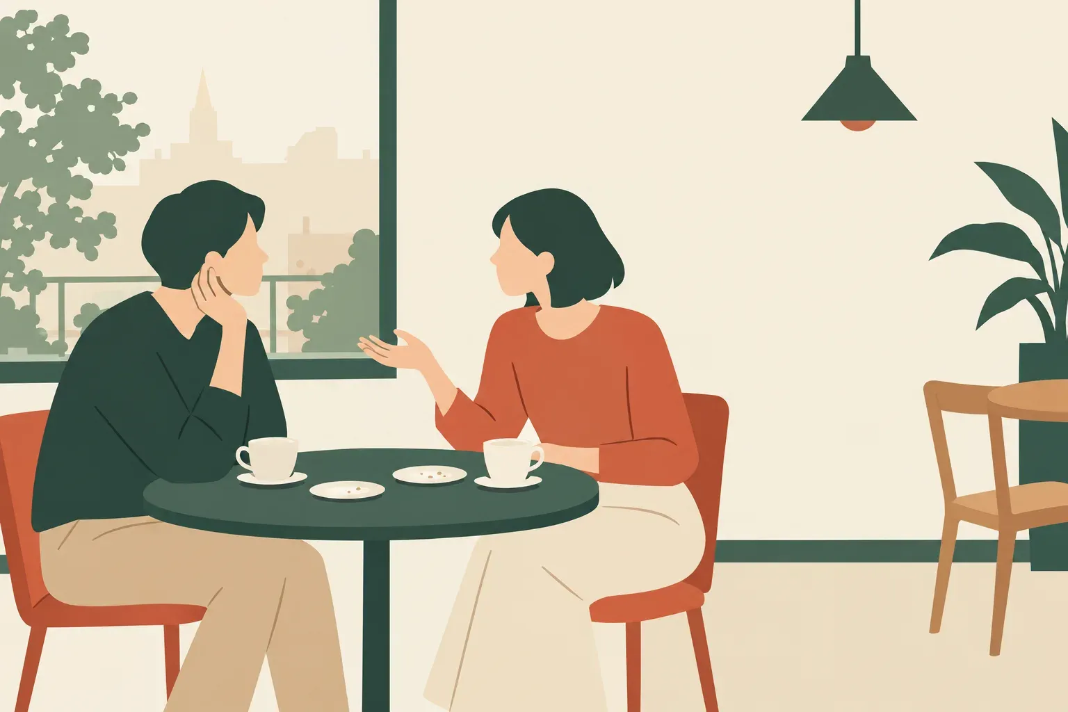 カフェで食事を終えた二人が、次に行く店について落ち着いて話しているイラスト