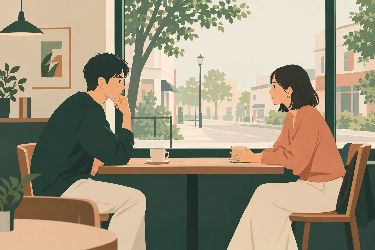 カフェの窓際で向かい合い、ペットとの暮らしについて考えながら話す二人