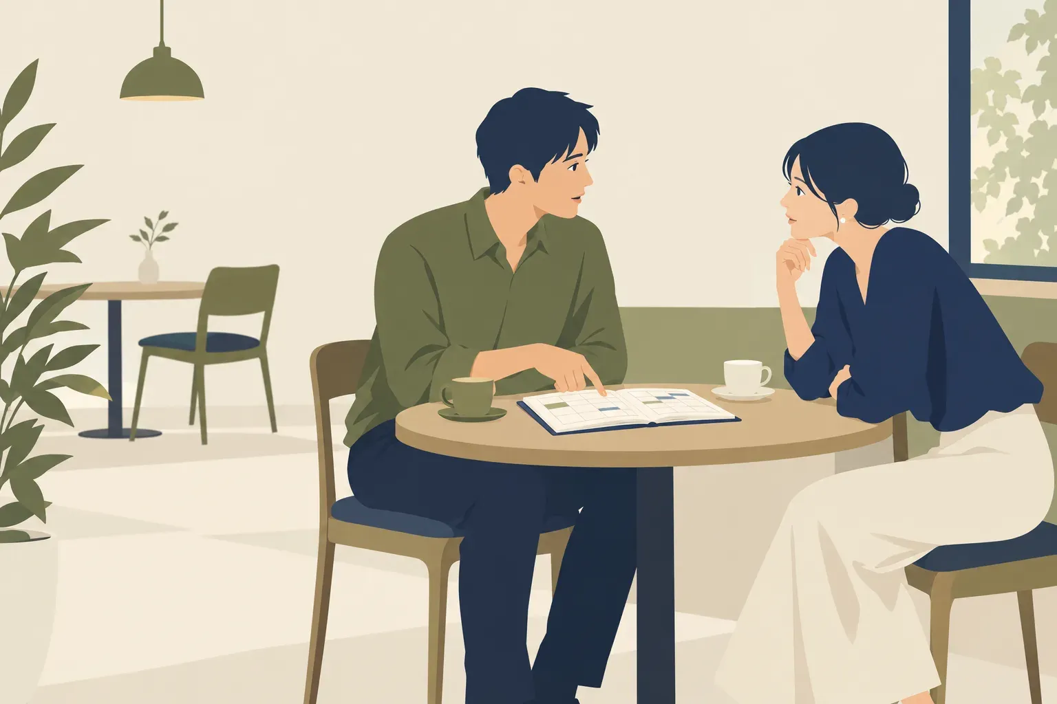 カフェのテーブルで予定表を見ながら、予定変更について穏やかに話す二人