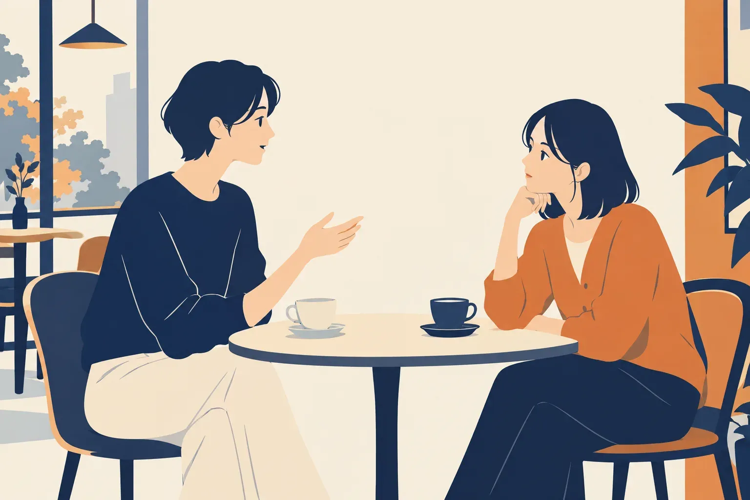 カフェの席で、家族との休日の過ごし方を落ち着いて話す二人のフラットデザインイラスト