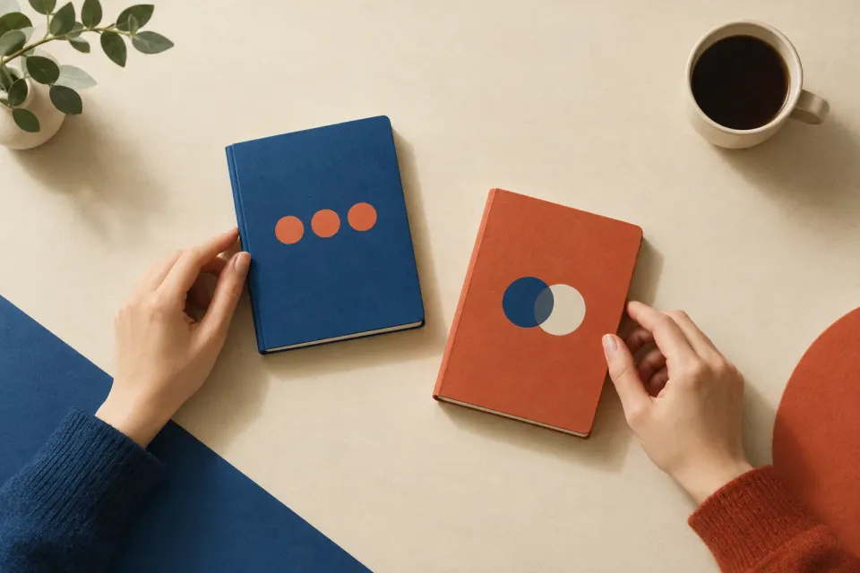 友人との時間と二人の時間を示す二冊の予定帳に、それぞれ手を添える構図