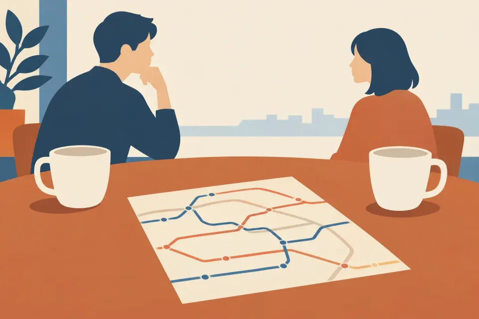 抽象的な路線図のような紙と二つのカップを挟み、二人が向かい合うイラスト