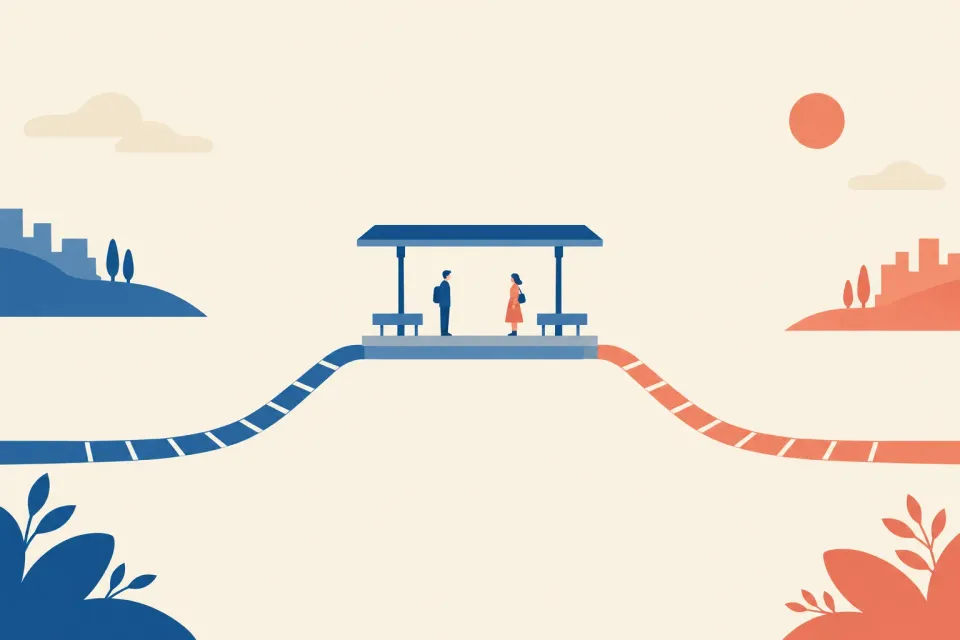 二方向から中間の駅に向かう抽象的な路線と、向かい合う二人のイラスト
