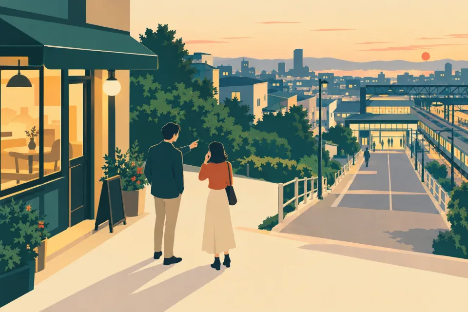 喫茶店の出口から駅へ続く道で、別れ際に言葉を交わす二人を遠景から描いたイラスト