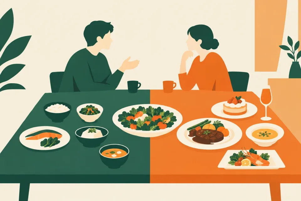 食卓の異なる二つの皿を挟み、二人がお金の使い方について向き合うイラスト