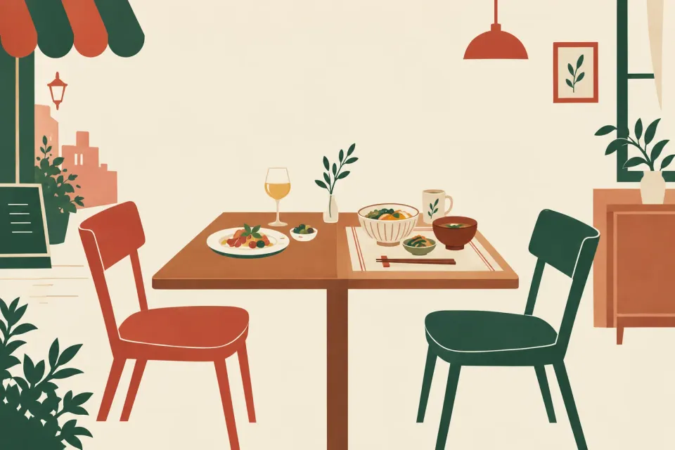 外食の小皿と家庭の器が一つの食卓に並び、向き合う二つの椅子がある。