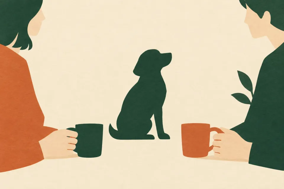 二つのカップの間に犬のシルエットが浮かぶ、ペットとの暮らしを考えるイラスト